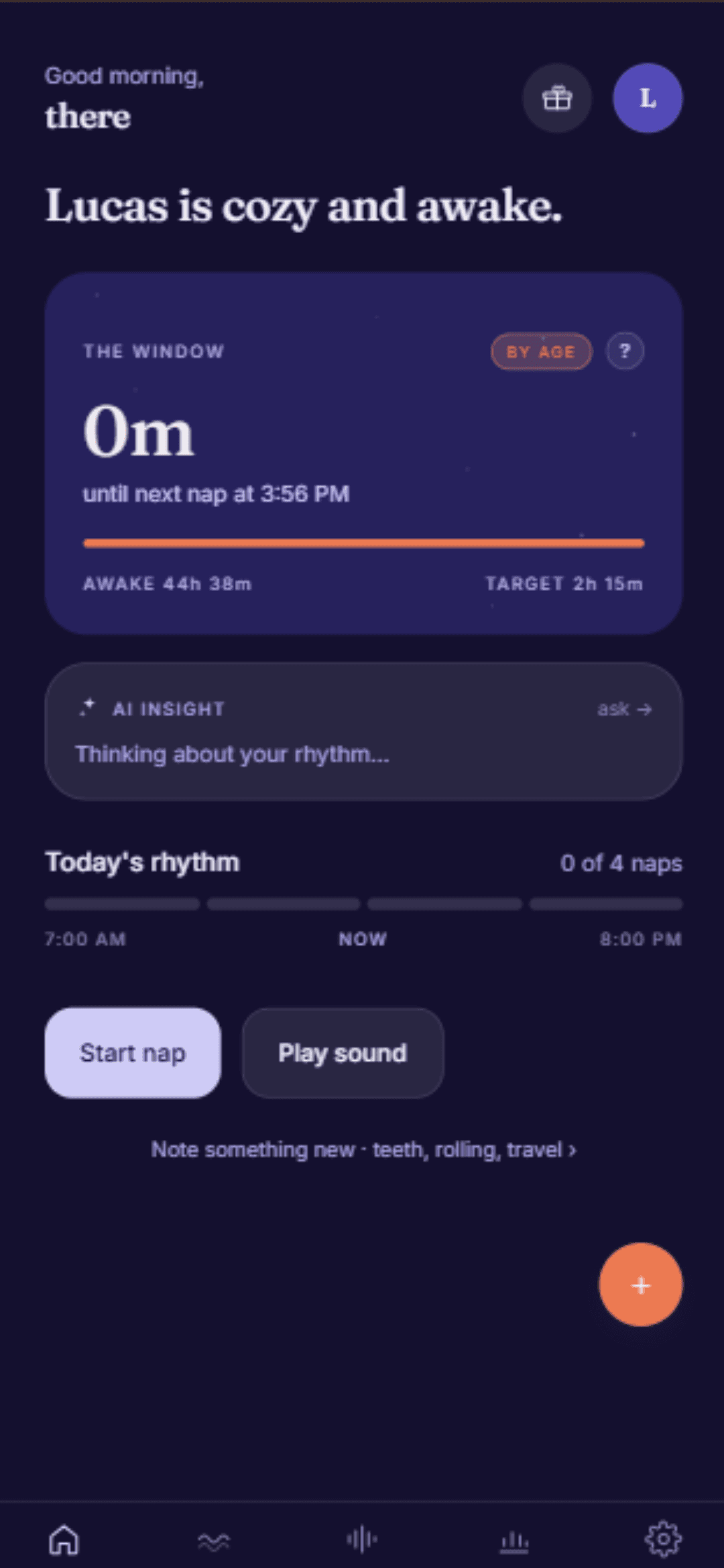 Cradler home screen showing The Window countdown and today's rhythm